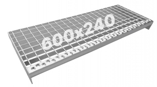 Pozinkovaný schodiskový stupeň 600x240 mm - páska 30x2 - oko 34x38 - s bočnicou a nášľapovou hranou